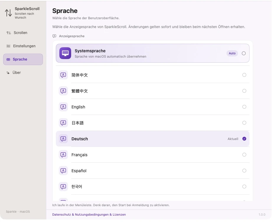 SparkleScroll · Echte Produktoberfläche · Deutsch · Systemsprache · 12