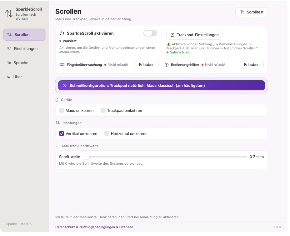Tatsächliche SparkleScroll-Einstellungen mit Systemstatus, Berechtigungen, Geräten, Achsen und Radschrittgröße