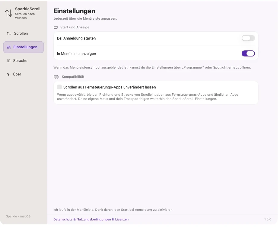 Tatsächliche SparkleScroll-App-Einstellungen mit Login-Start, Sichtbarkeit der Menüleiste und Scroll-Kompatibilitätsoptionen