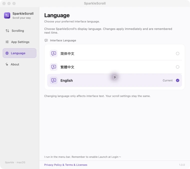 Actual SparkleScroll language page with Simplified Chinese, Traditional Chinese, and English choices