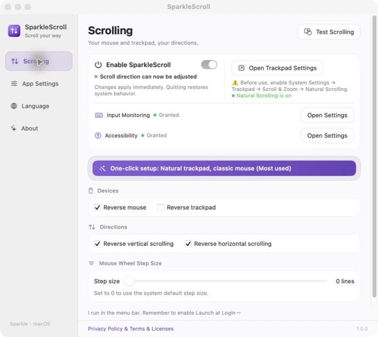 Actual current SparkleScroll settings showing device and axis choices, system permissions, and wheel step