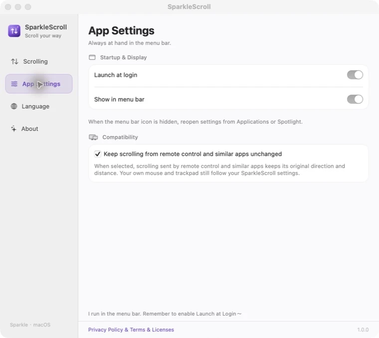 Actual SparkleScroll preferences with login startup, menu bar visibility, and remote-scroll compatibility controls