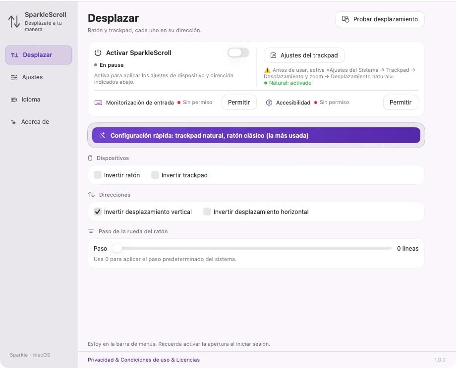 Configuraciones reales de SparkleScroll con estado del sistema, permisos, dispositivos, ejes y tamaño del paso de la rueda