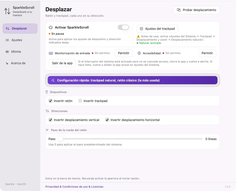 Configuración real de SparkleScroll con el mouse habilitado, el trackpad sin marcar y ambos ejes seleccionados