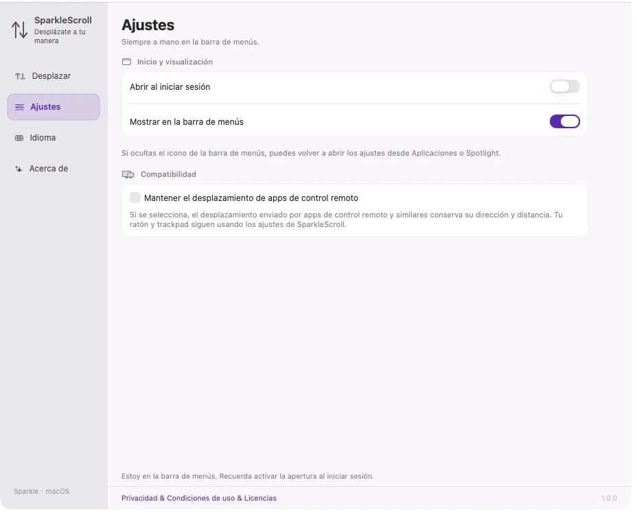 Configuración real de la aplicación SparkleScroll con inicio de sesión, visibilidad de la barra de menú y opciones de compatibilidad de desplazamiento