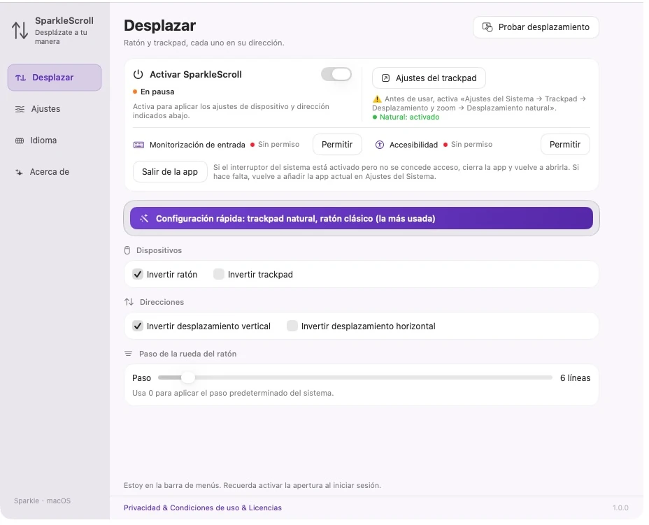 Configuraciones reales de SparkleScroll que demuestran un paso de rueda de 6 líneas y una inversión solo vertical