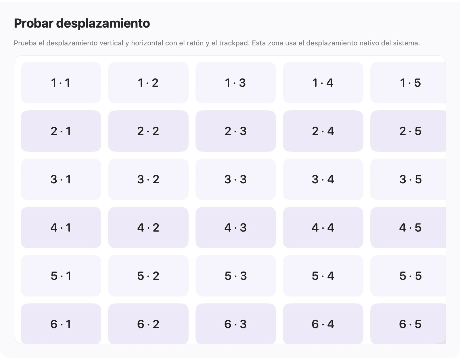 Ventana de desplazamiento de prueba SparkleScroll real con una cuadrícula numerada que se desplaza a lo largo de ambos ejes