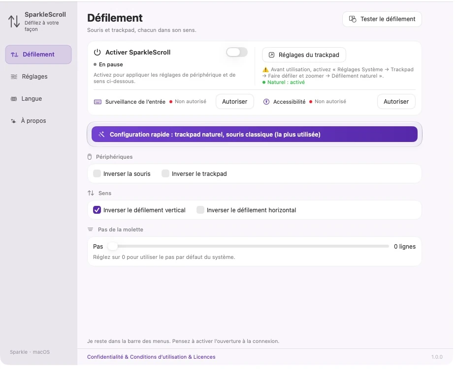 Paramètres SparkleScroll réels avec l'état du système, les autorisations, les appareils, les axes et la taille des pas de roue