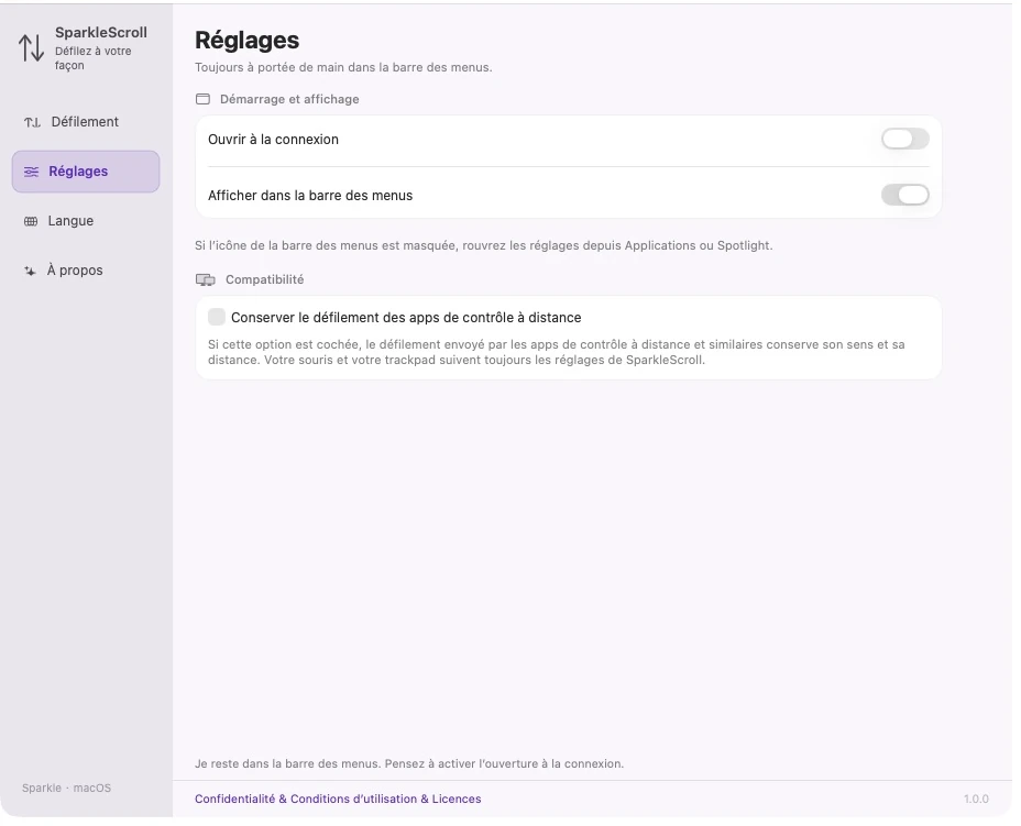 Paramètres réels de l'application SparkleScroll avec lancement de la connexion, visibilité de la barre de menus et options de compatibilité de défilement