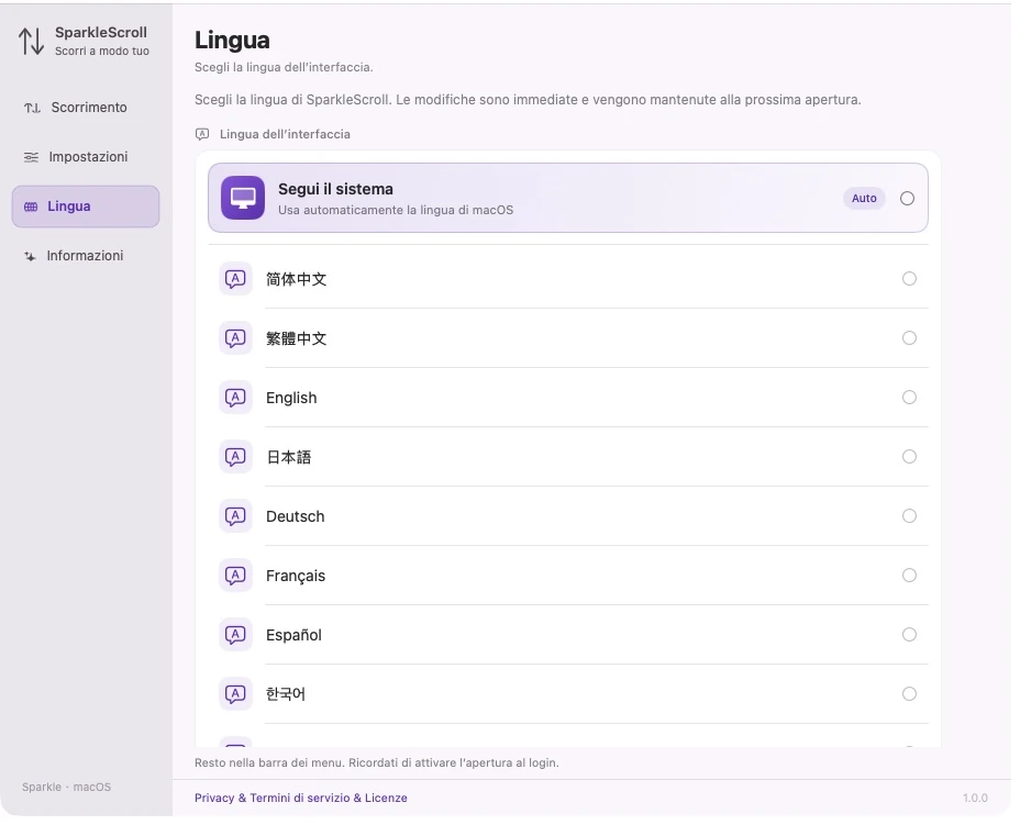 SparkleScroll · Interfaccia reale del prodotto · Italiano · Segui il sistema · 12