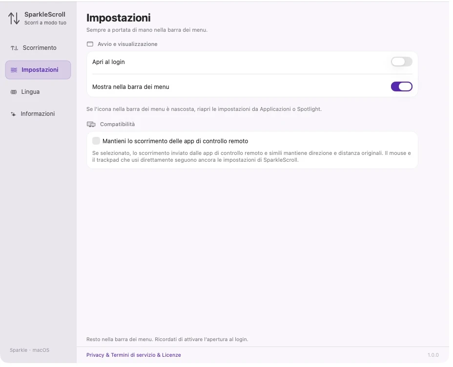 Impostazioni effettive dell'app SparkleScroll con avvio dell'accesso, visibilità della barra dei menu e opzioni di compatibilità con lo scorrimento