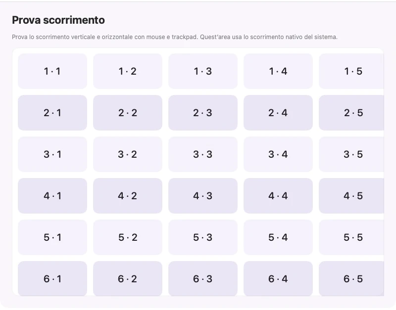Finestra di scorrimento del test SparkleScroll effettivo con una griglia numerata che scorre lungo entrambi gli assi