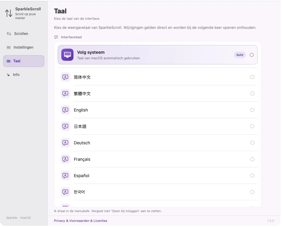 SparkleScroll · Echte productinterface · Nederlands · Systeemtaal volgen · 12
