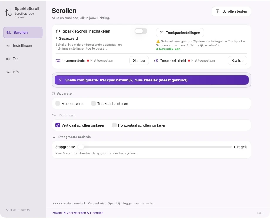 Actuele SparkleScroll-instellingen met systeemstatus, machtigingen, apparaten, assen en wielstapgrootte