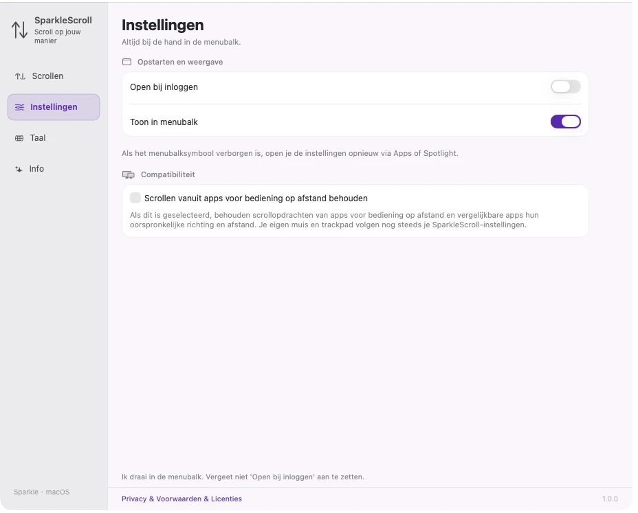 Actuele SparkleScroll-app-instellingen met login-lancering, zichtbaarheid van de menubalk en scroll-compatibiliteitsopties