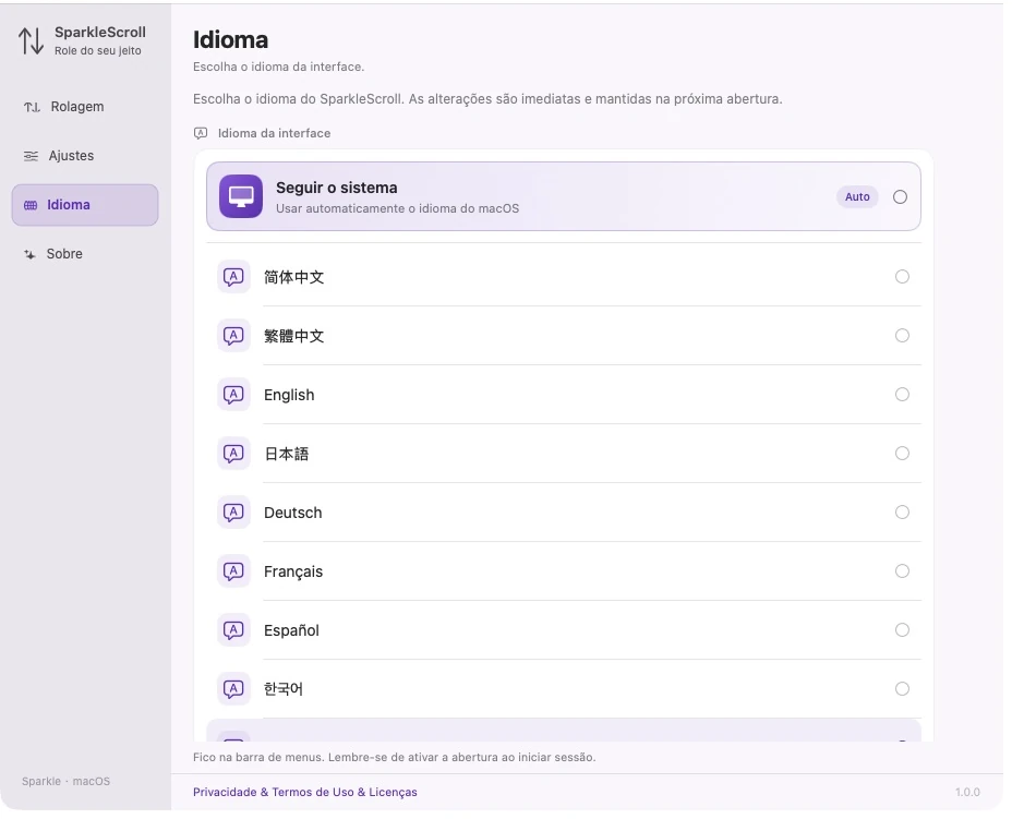 SparkleScroll · Interface real do produto · Português (Brasil) · Seguir o sistema · 12