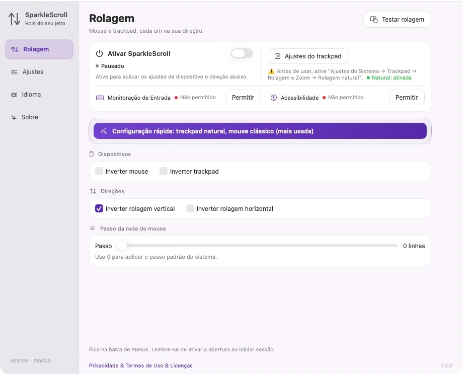 Configurações reais do SparkleScroll com status do sistema, permissões, dispositivos, eixos e tamanho do passo da roda