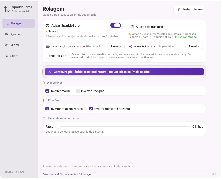 Configurações reais do SparkleScroll com mouse ativado, trackpad desmarcado e ambos os eixos selecionados