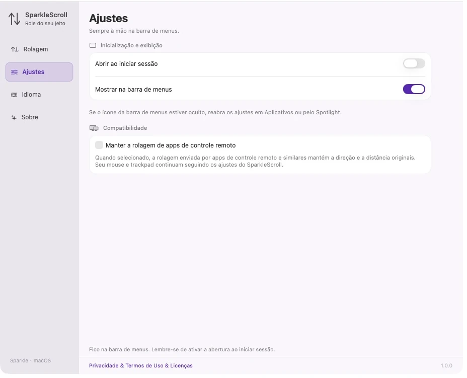 Configurações reais do aplicativo SparkleScroll com inicialização de login, visibilidade da barra de menu e opções de compatibilidade de rolagem