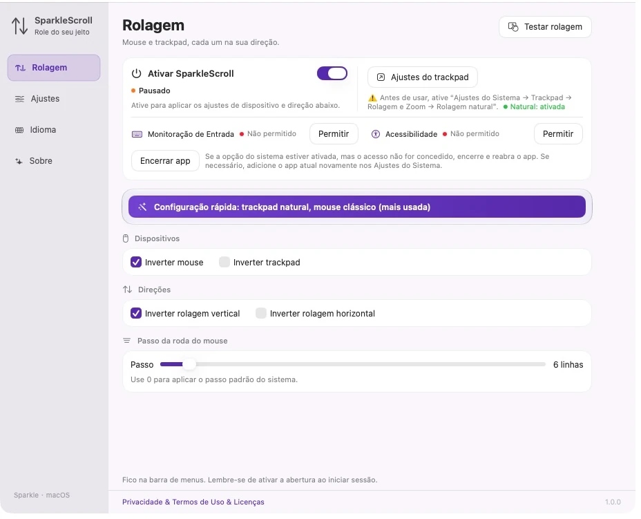 Configurações reais do SparkleScroll demonstrando um passo de roda de 6 linhas e reversão apenas vertical