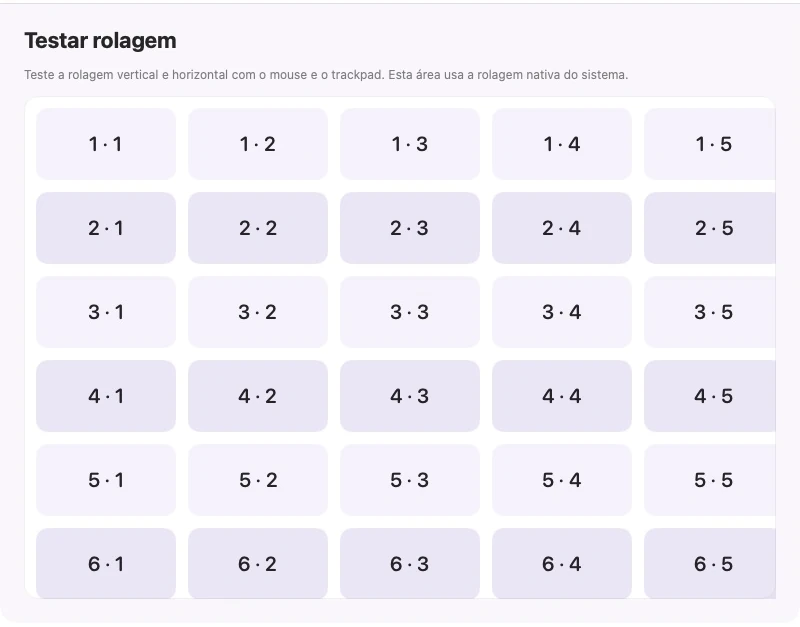 Janela real de rolagem do teste SparkleScroll com uma grade numerada que rola ao longo de ambos os eixos